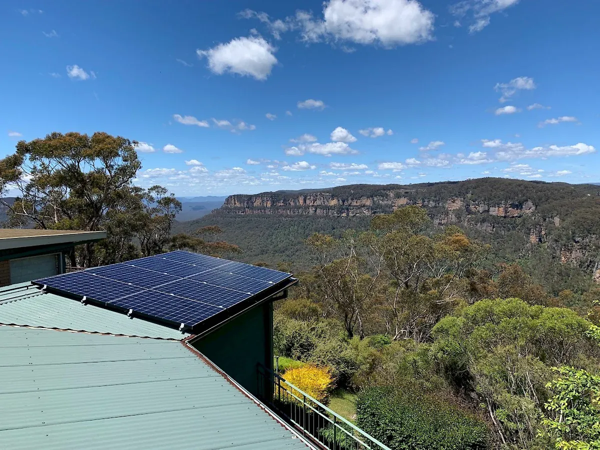 Solar panels on a Blue Mountains roof above the Jamison Valley escarpment
